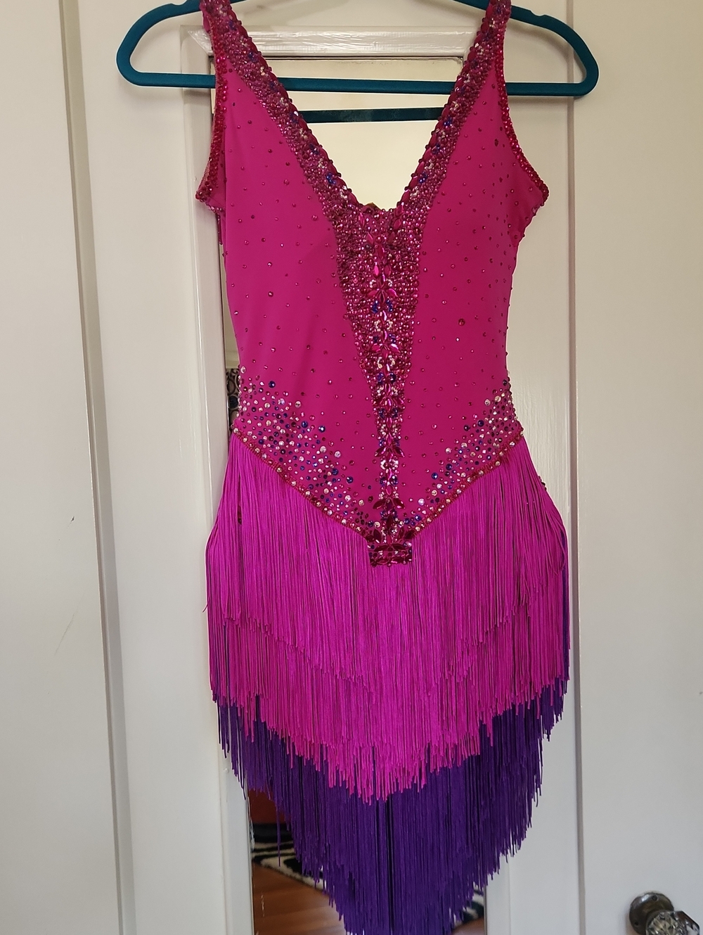 Hot Pink & Purple Fringe Latin Dance Competition Costume Dress